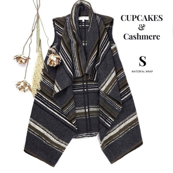 Cupcakes & Cashmere Wool Blend Grey Heather Stripe Waterfall Cardigan Wr… - Picture 1 of 13